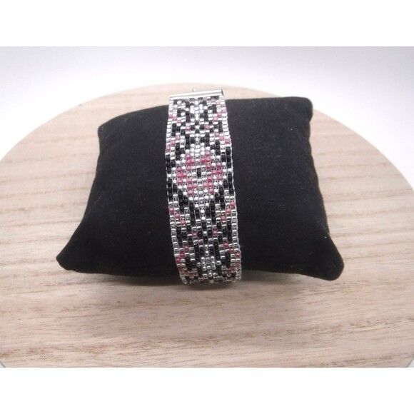 Loom Beaded Bracelet Black, Pink & Silver - Picture 2 of 5